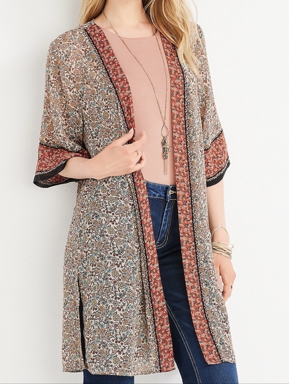 Maurices Floral Border Open-Front Kimono in Rust and Taupe